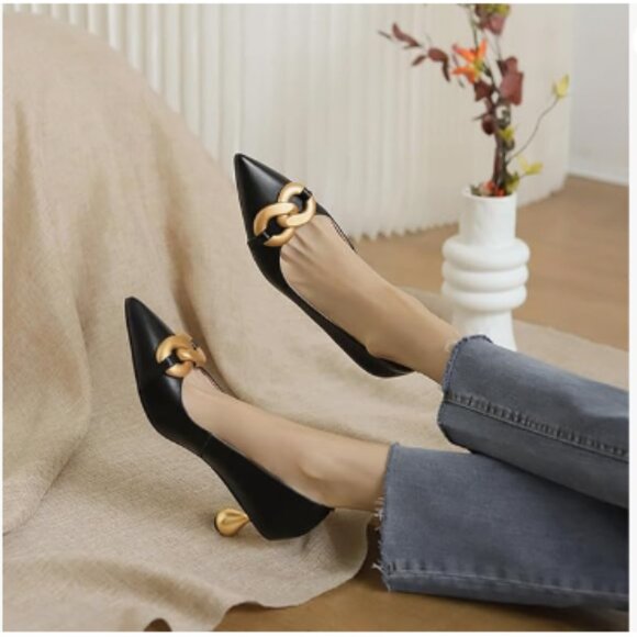 XYD Black Low Heel Pointed Toe Pumps with Metal Chain Solid Golden Heeled Shoes - Picture 1 of 8